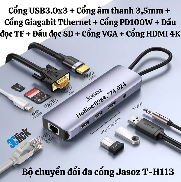 Bộ chuyển đổi Type-C 10 trong 1 Jasoz T-H113
