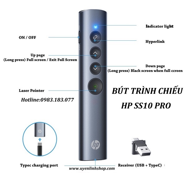 Bút trình chiếu HP SS10 Pro - Tia laser xanh